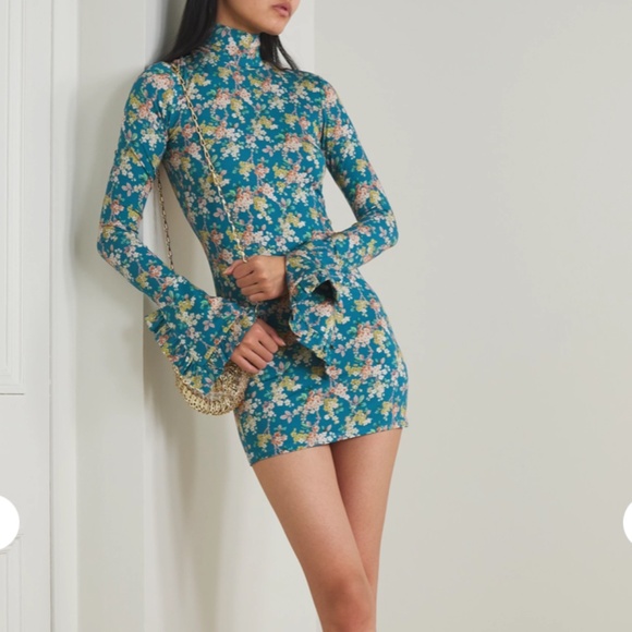 LES RÊVERIES Open-back ruffled floral-print stretch-jersey turtleneck mini dress - Picture 1 of 6